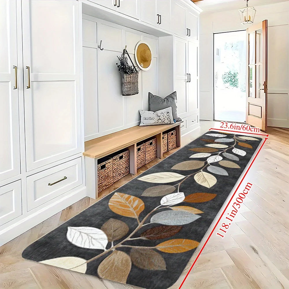 tapis gris foncé feuilles stylisées moderne résistant l'éclaboussure cuisine entrée chambre salon anti dérapant