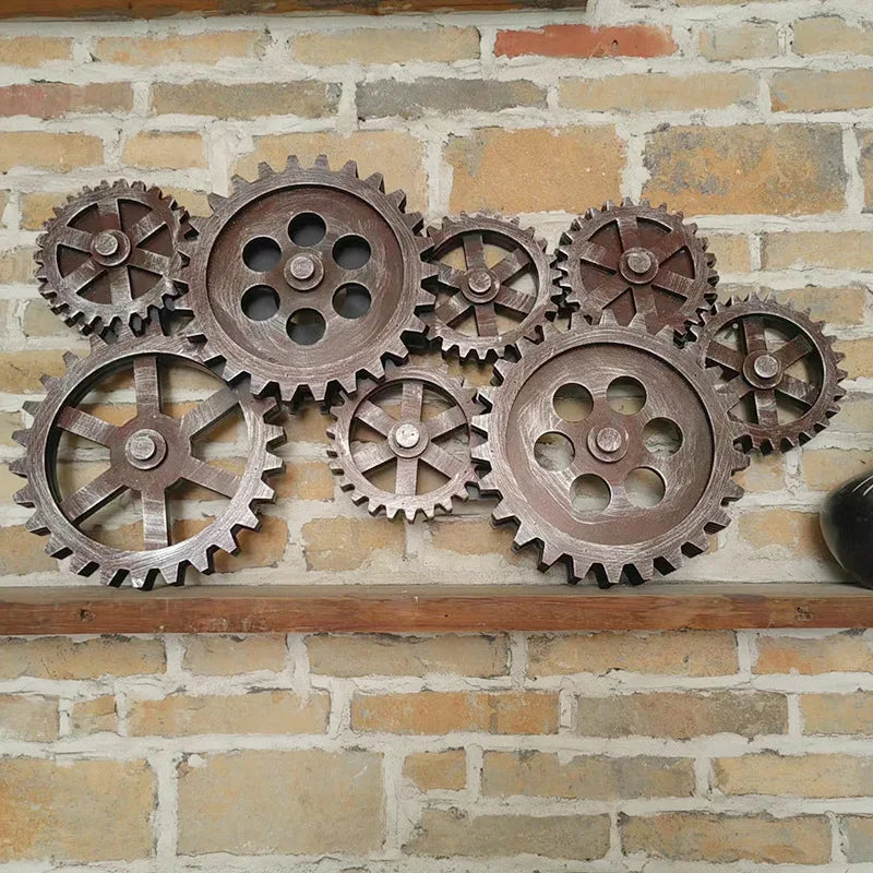Décoration murale vintage gris clair avec 8 engrenages