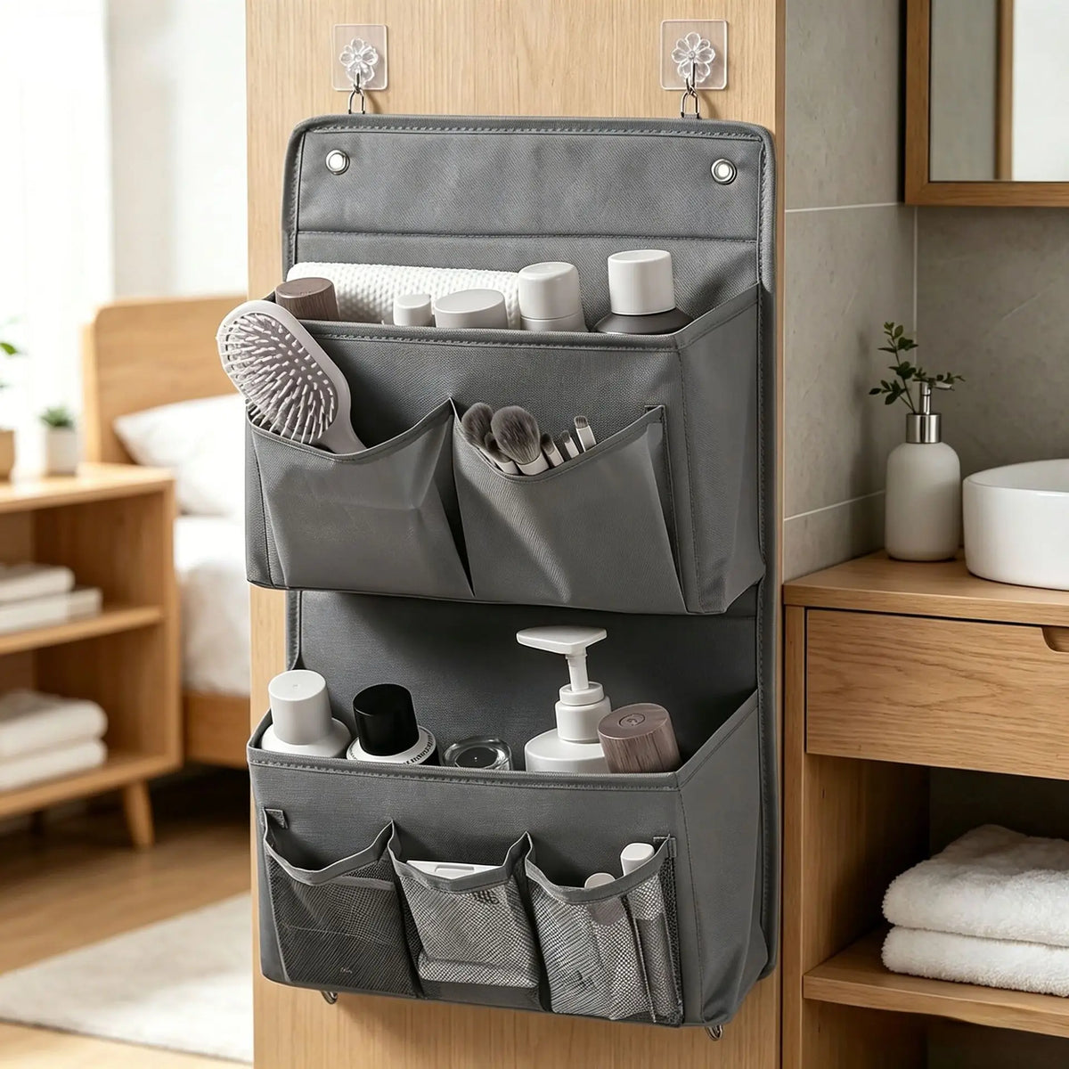 sac rangement mural gris toile moderne clips articles divers 30x46.5x10cm