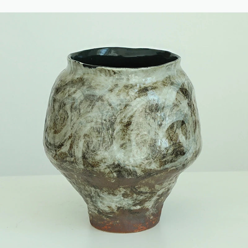 vase céramique moderne motif tourbillons beige marron noir texturé tableDecoration floral