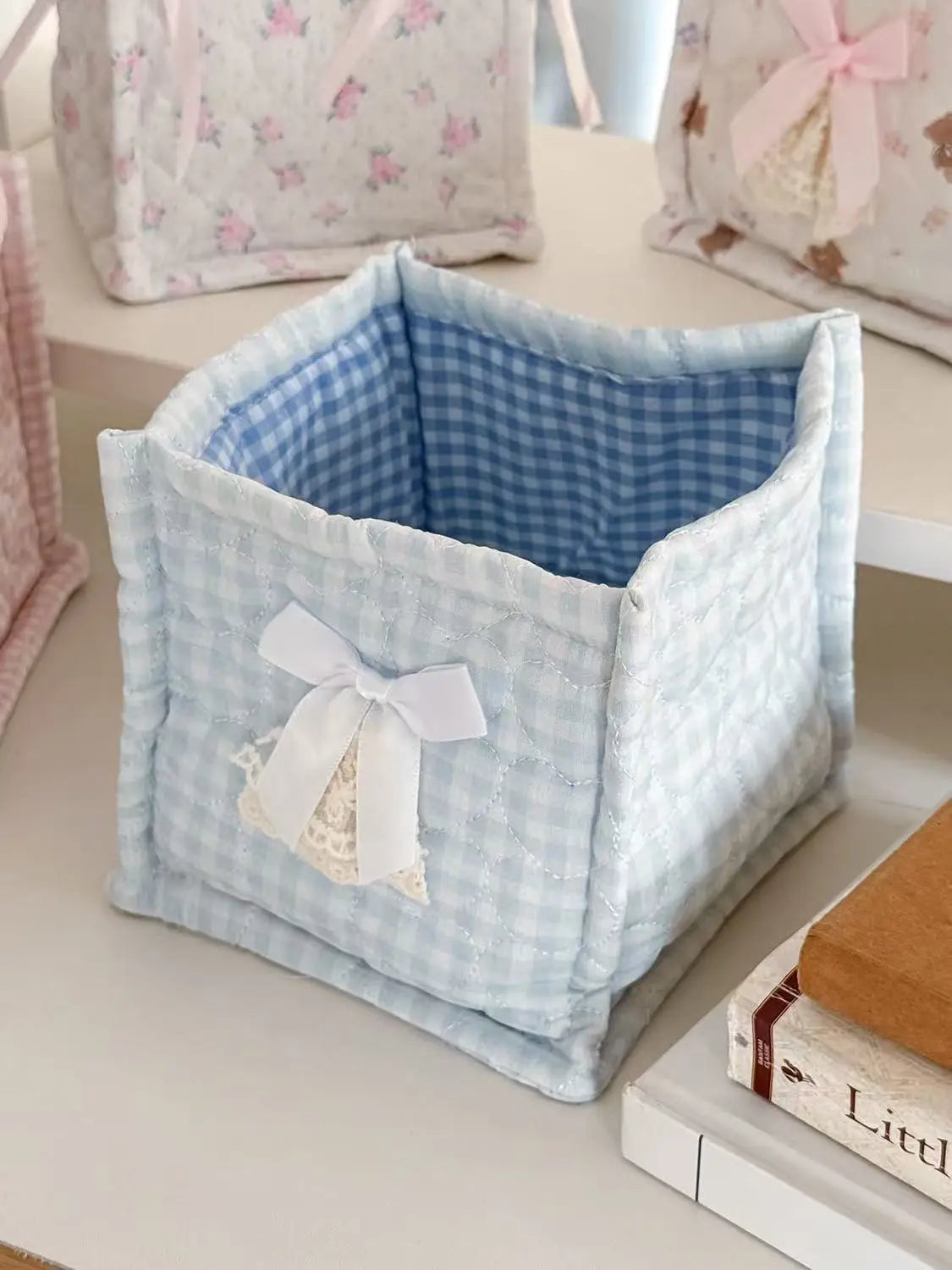 paniers rangement polyestère multi usages rose clair bleu clair blanc vichy vintage