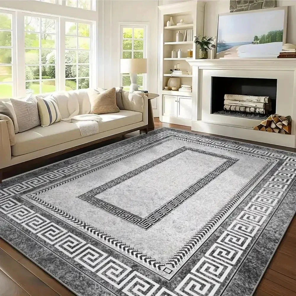 tapis géométrique gris noir bohème moderne antidérapant extérieur salon chambre feutre polyester PVC