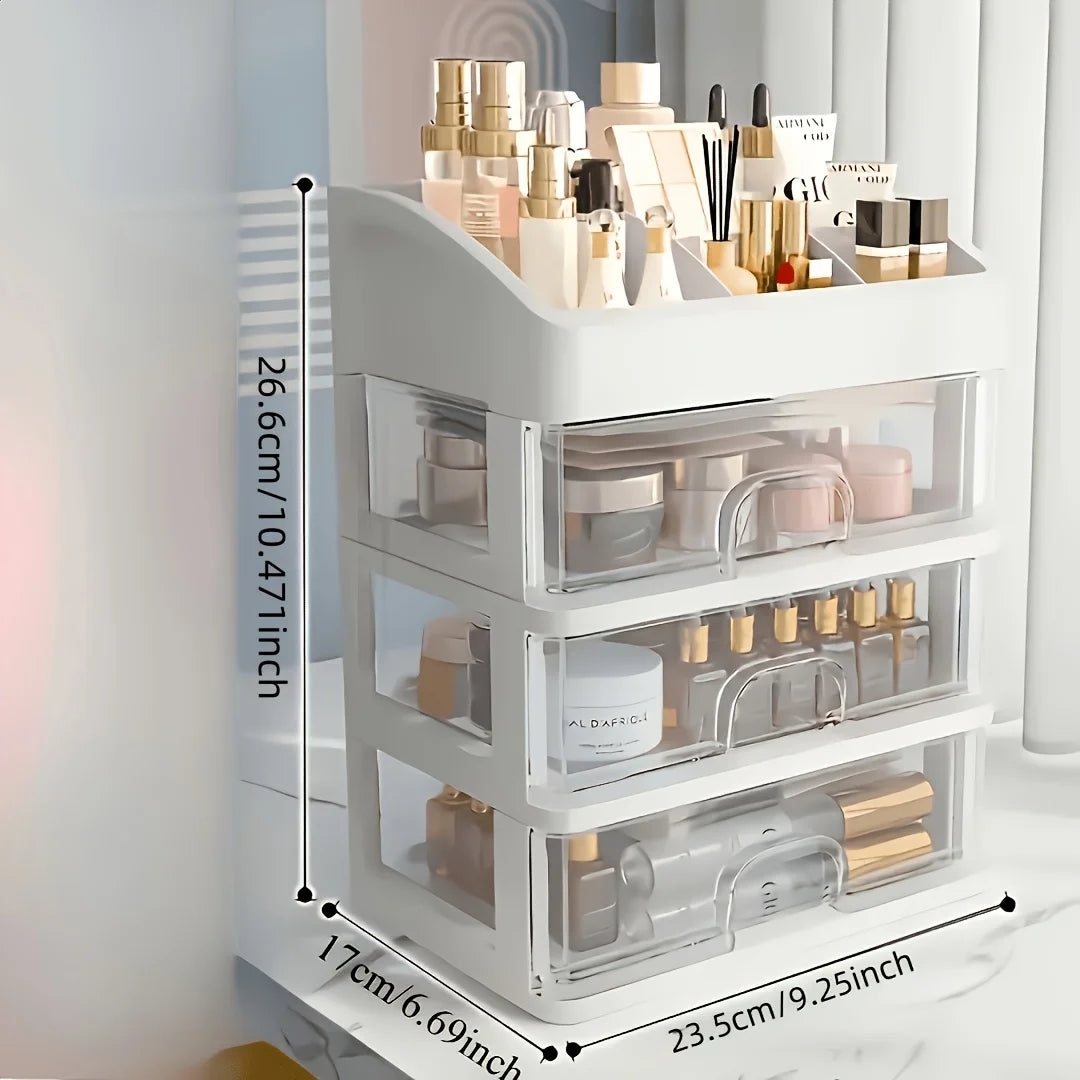 organisateur maquillage blanc moderne sans tiroirs coulissants transparent étiquettes autocollantes brosse maquillage