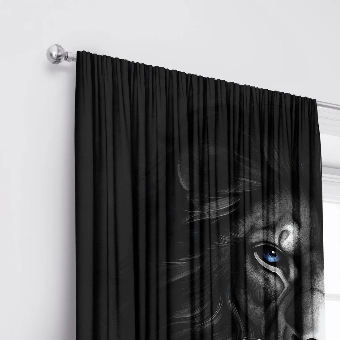 rideau lion noir gris motif géométrique moderne anneaux métalliques polyester chambre salon