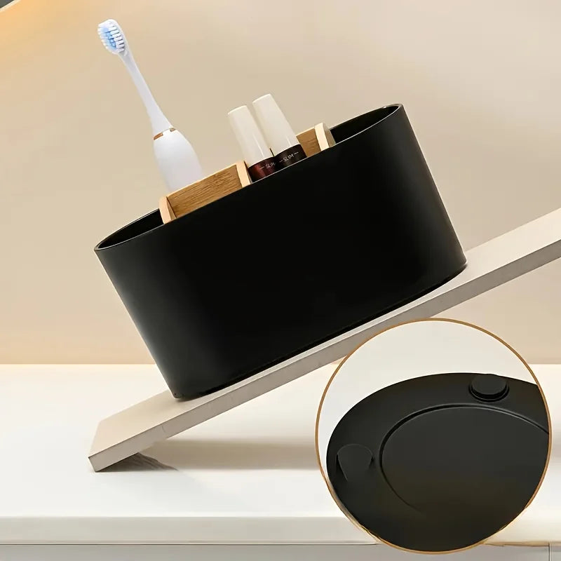 organisateur vanity bois blanc noir rangement brosses électriques tubes dentifrice minimaliste moderne