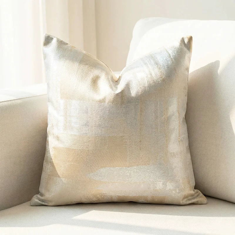 coussin carré jacquard géométrique contemporain beige gris bleu doré polyester 45x45cm