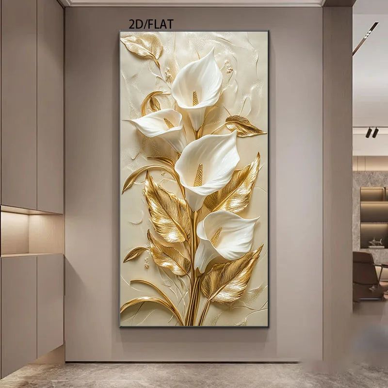 toile peinte fleurs blanches feuilles dorées art contemporain sans cadre 3d élégante moderne impression