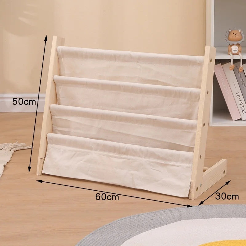 support livres bois beige clair moderne minimaliste pochettes amovibles pieds simples autonomes