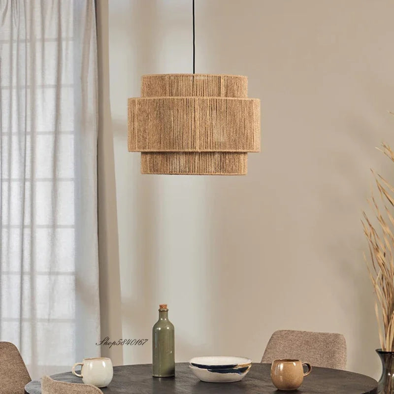 Suspension lumineuse tissu marron clair moderne rustique câble noir chambre salon