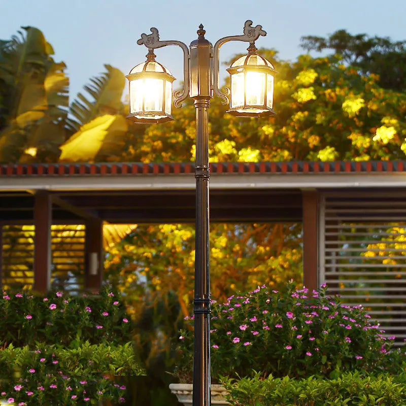 lampadaire vintage deux lanternes noir doré détails métalliques extérieur ip65 led