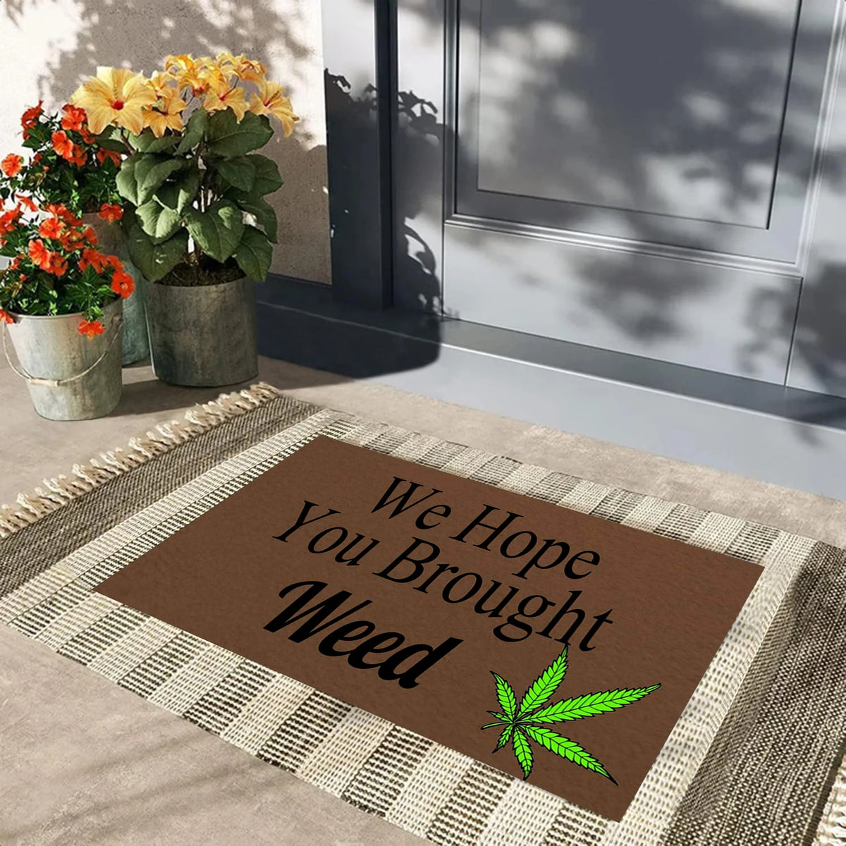 tapis bienvenue antidérapant marron vert blanc humour feuille cannabis porte entree exterieur