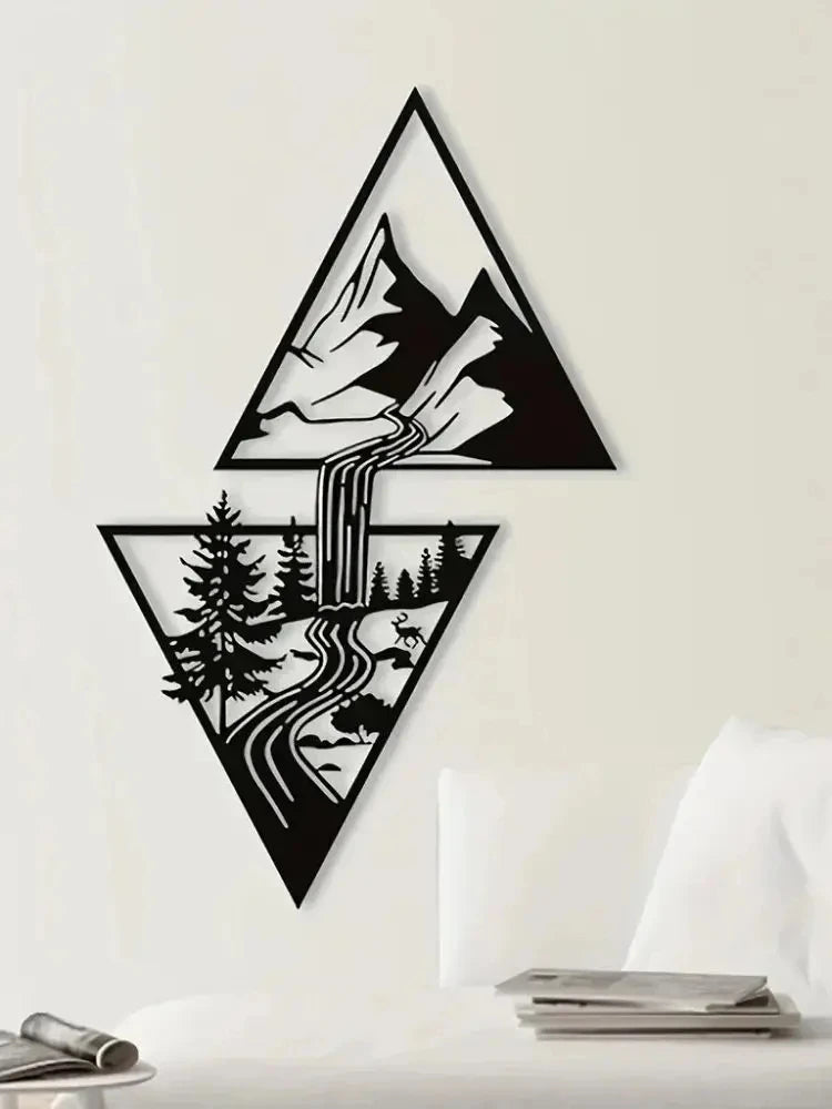 décoration murale métal paysage montagneux cascade forêt moderne minimaliste nature triangles imbriqués