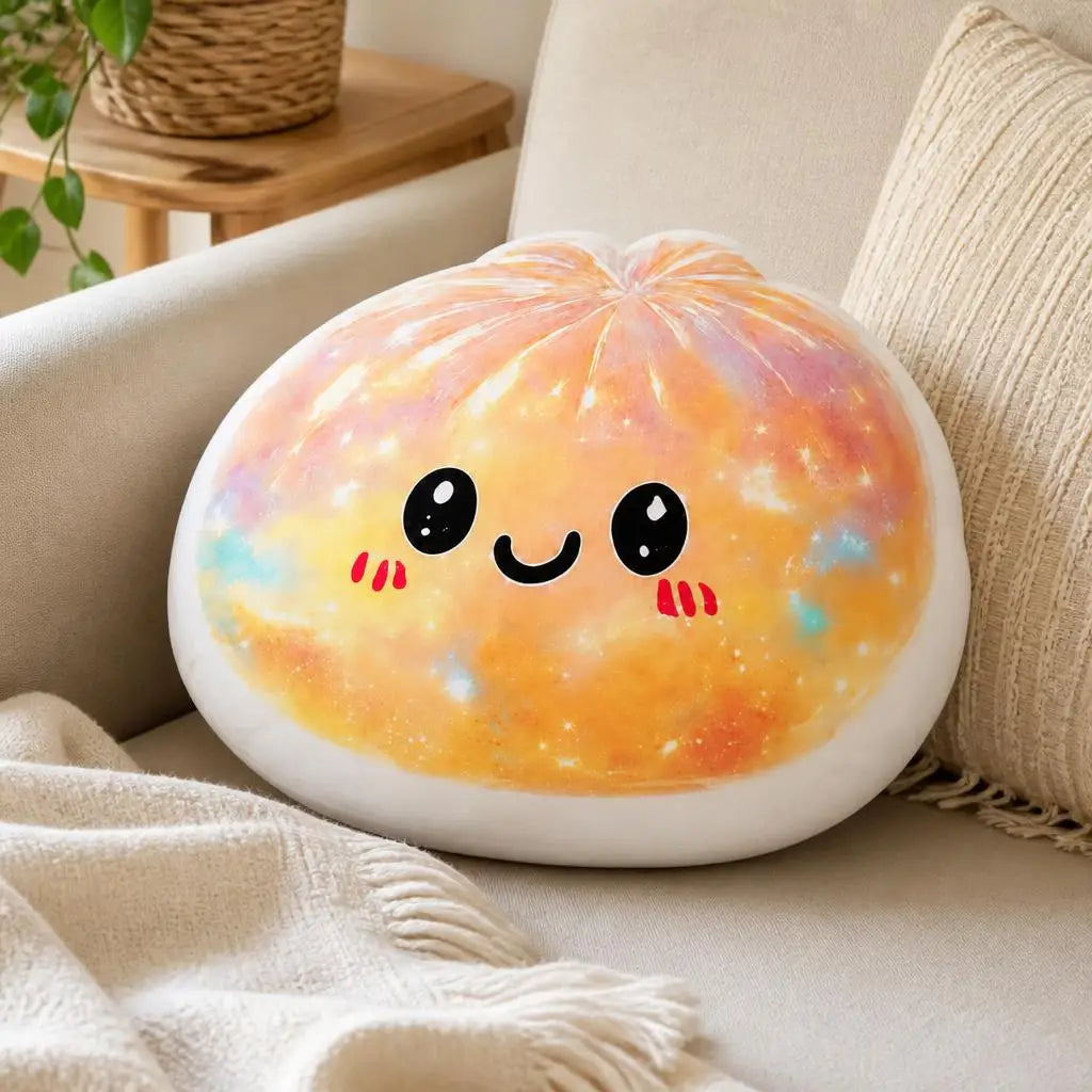 coussin kawaii multicolore galaxie visage sourire oreilles grandes ouvertes oreilles rouges maison chambre canapé
