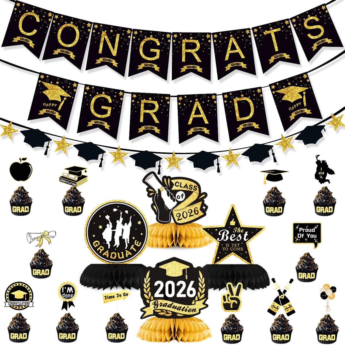 guirlande décoration graduation diplômes chapeaux congrats grad proud class 2026 doré bleu noir élégante