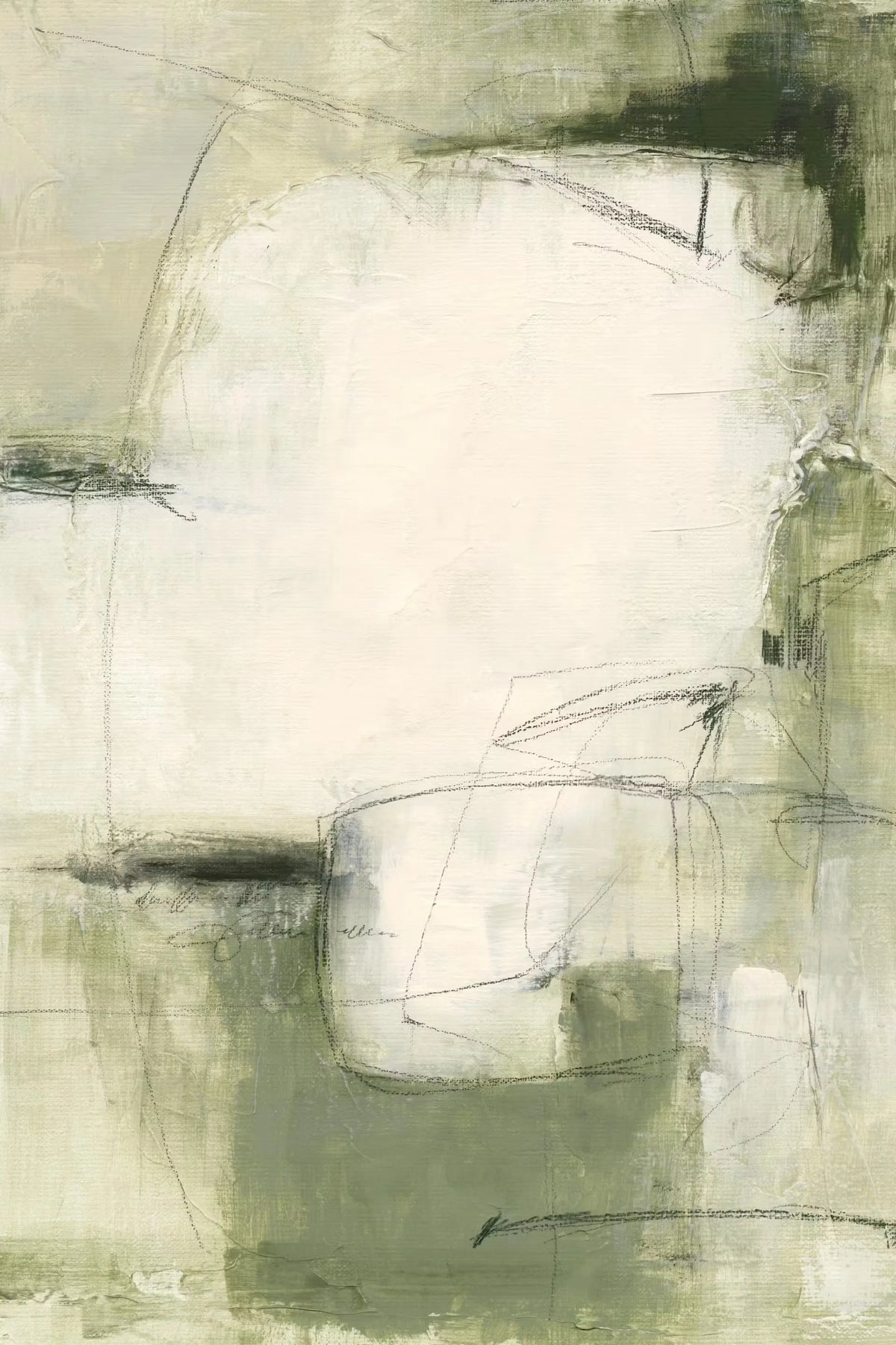 tableau toile art abstrait peinture moderne vert gris noir blanc cadre bois décoration murale