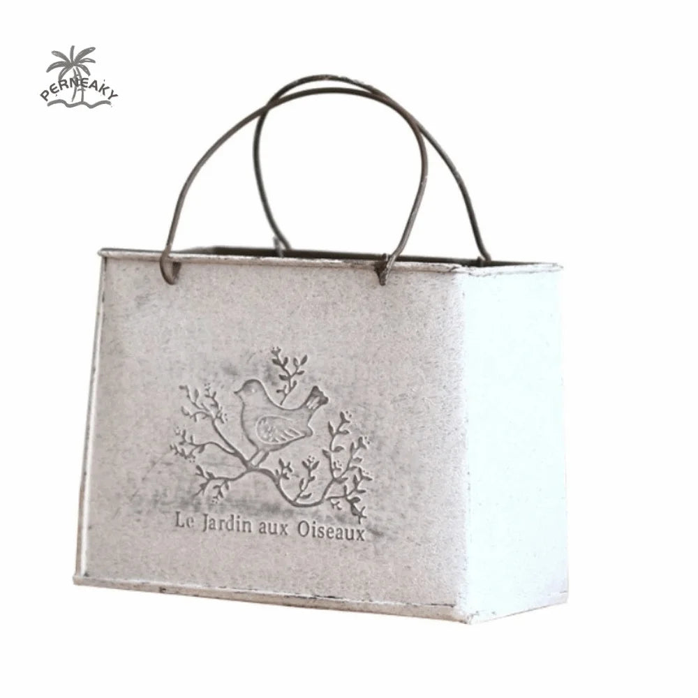 pots fleurs forme sac vintage gris métallisé motif oiseau gravure rustique petite taille grande