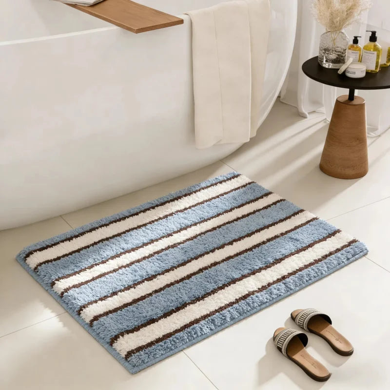 tapis bain moderne rayé bleu clair blanc marron antidérapant résistant décoloration 40x60cm 50x80cm