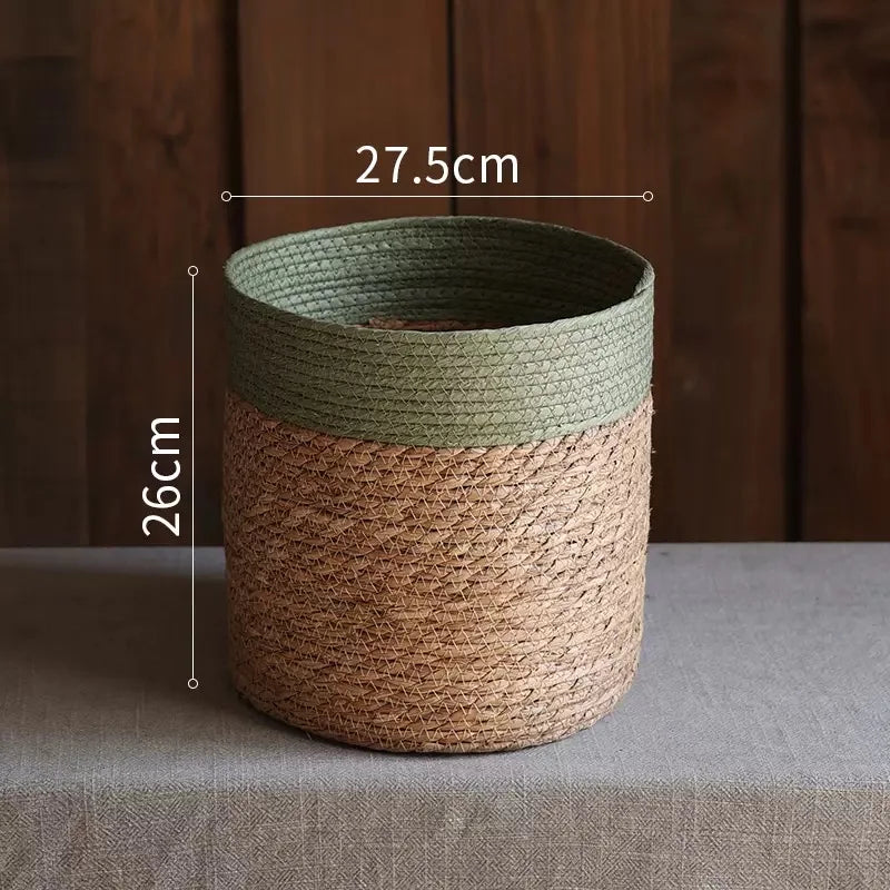 panier tissé main fibre naturelle vert clair beige rustique réutilisable respectueux environnement pliable rangement