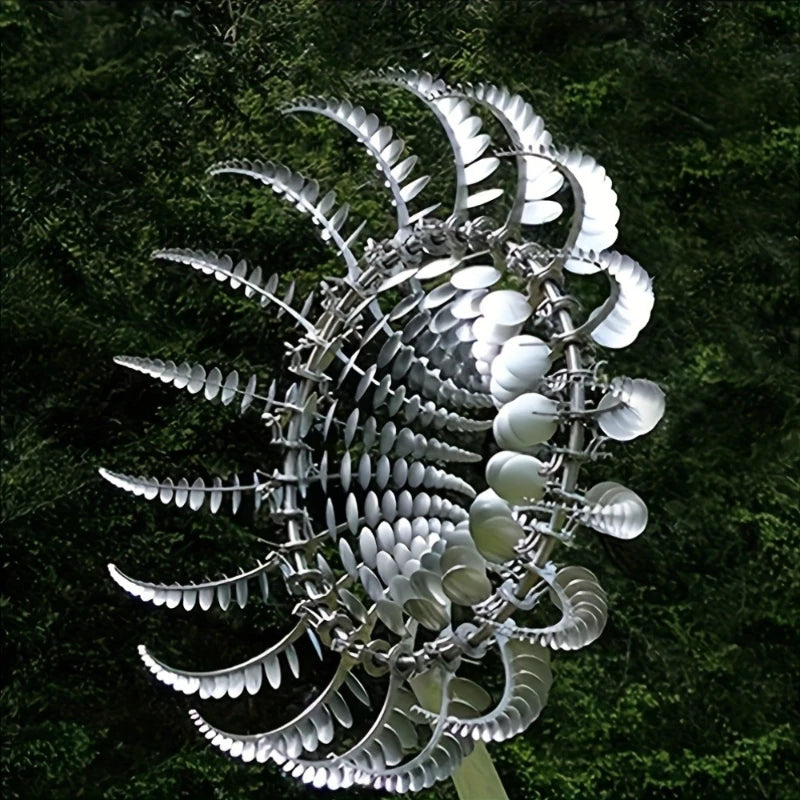 Sculpture cinétique spirale argentée jardin extérieur feuilles métal décorative fixée sol