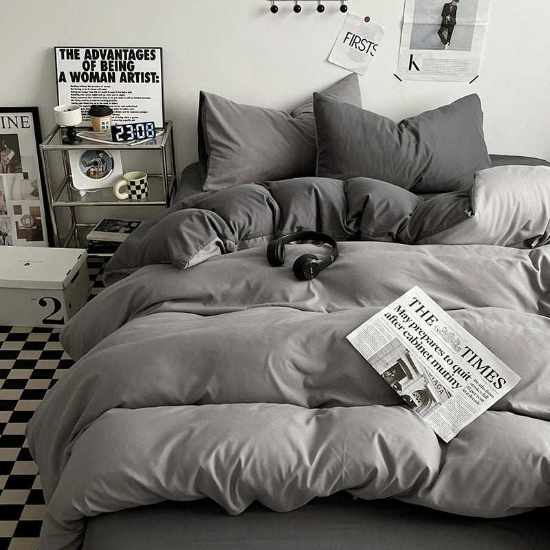 parure lit ensemble housse couette double deux taies d'oreiller coton moderne