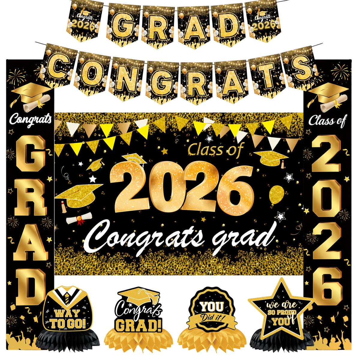 bannières graduation noir doré étoiles confettis caps moderne festives 2026 congratulations proud