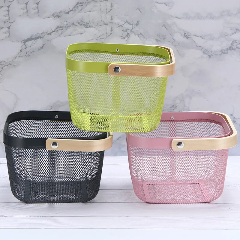 panier maille métallique moderne poignée bois prune citron peche pomme vert noir rose