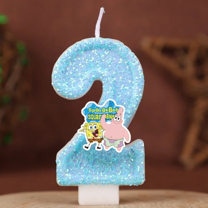 bougie chiffre anniversaire spongebob squarepants pailleté bleu argenté décoration gâteau enfant fête dessin animé