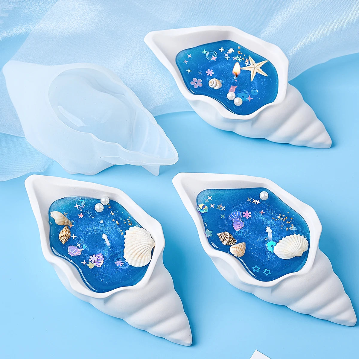 moulage silicone conque bougie pot plante sable coquille étoile mer transparent vert bleu blanc
