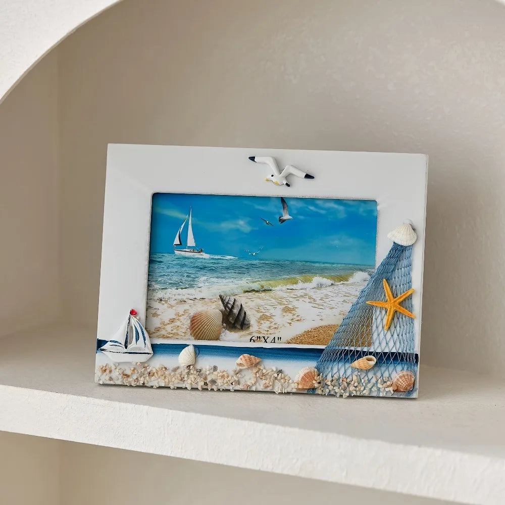 cadre photo marin coquillages voilier plage décoration intérieure bois filets pêche étoiles mer thuyền