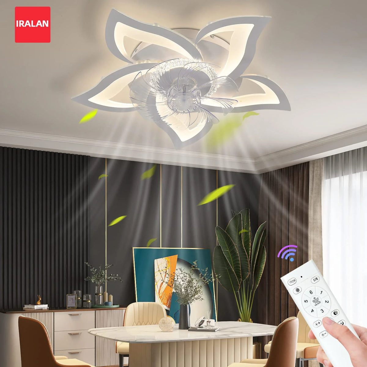 ventilateur moderne lumières led télécommande acrylique blanc gris contemporain