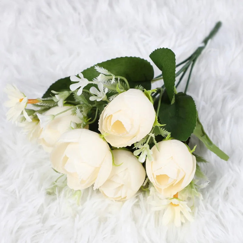 décoration intérieure bouquet fleurs artificielles roses blanches feuilles vertes modernes 29cm 3pcs