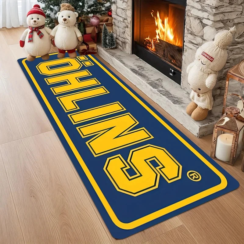 tapis anti dérapant moderne öhlins bleu foncé jaune motif lettres bordure blanche polyester
