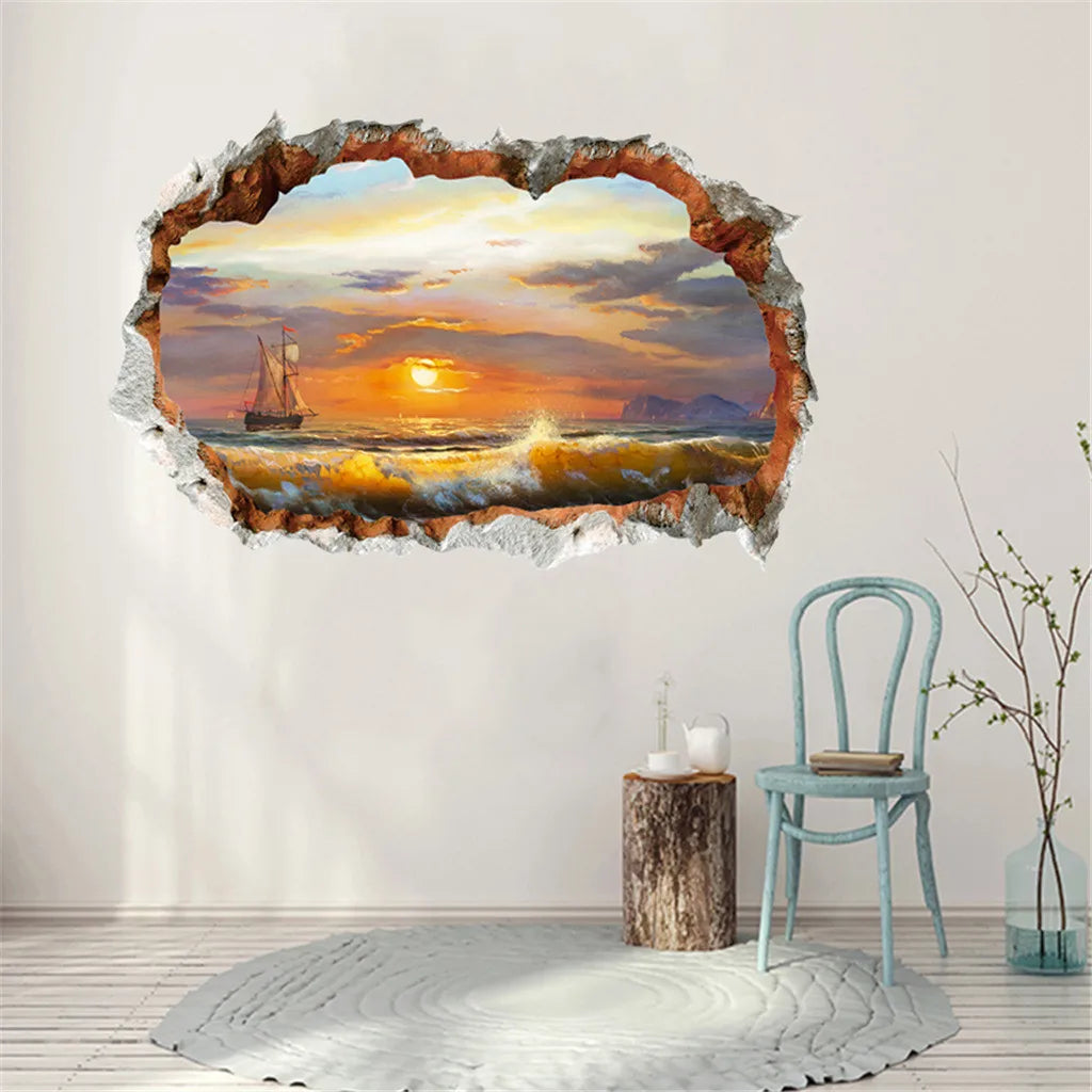 sticker mural 3d paysage marin coucher soleil bateau vagues multicolore réaliste effet trompe l'oeil