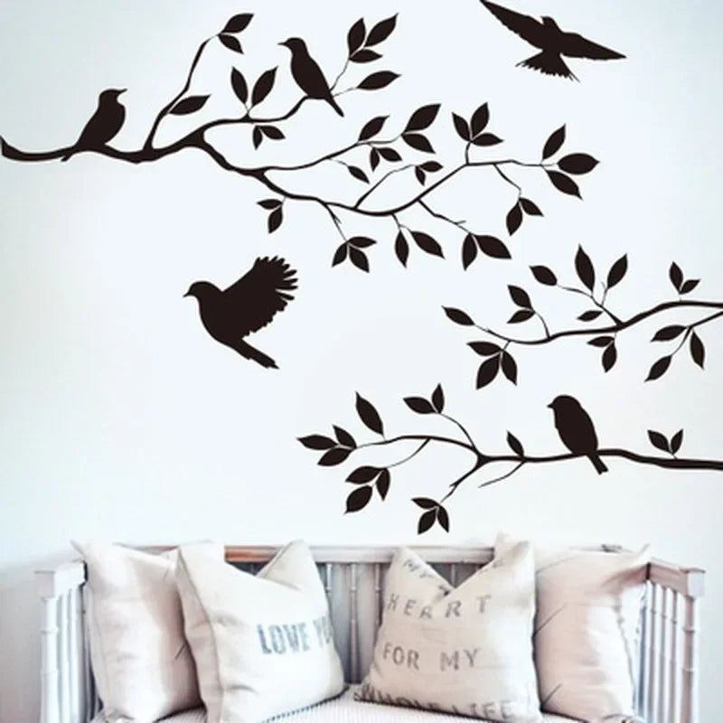 sticker mural minimaliste oiseaux branches feuilles noir décoration moderne maison salon