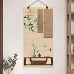 rideau rouleau bambou art traditionnel oriental fleurs oiseaux motifs crochets métalliques opaques entrée maison