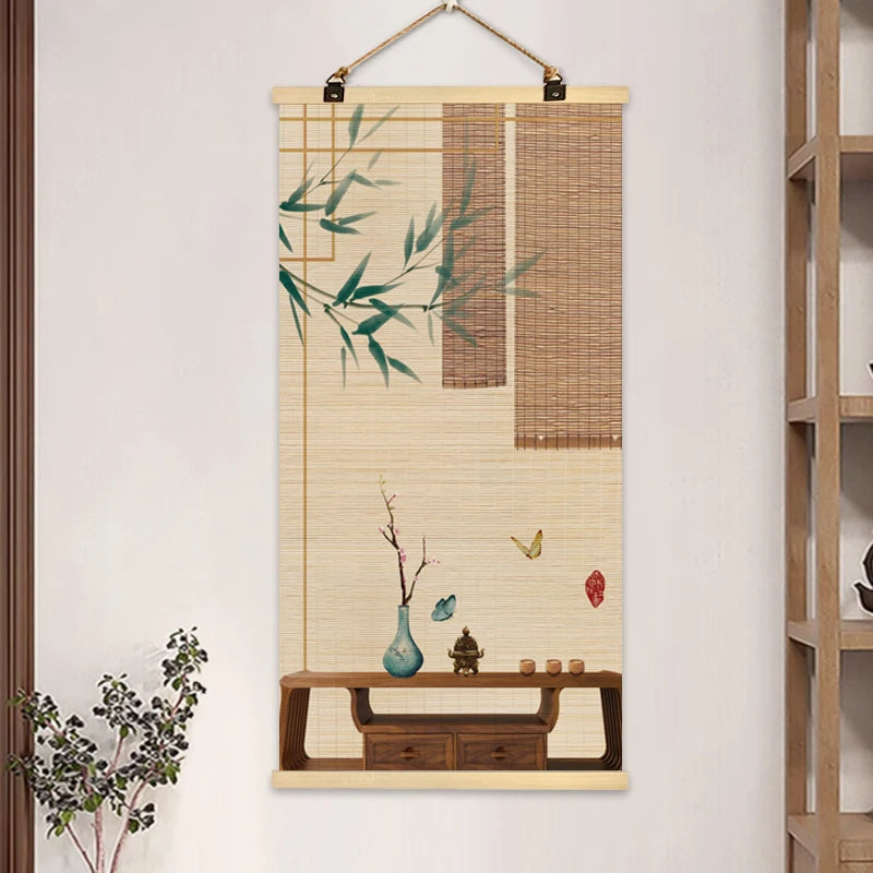 rideau rouleau bambou art traditionnel oriental fleurs oiseaux motifs crochets métalliques opaques entrée maison