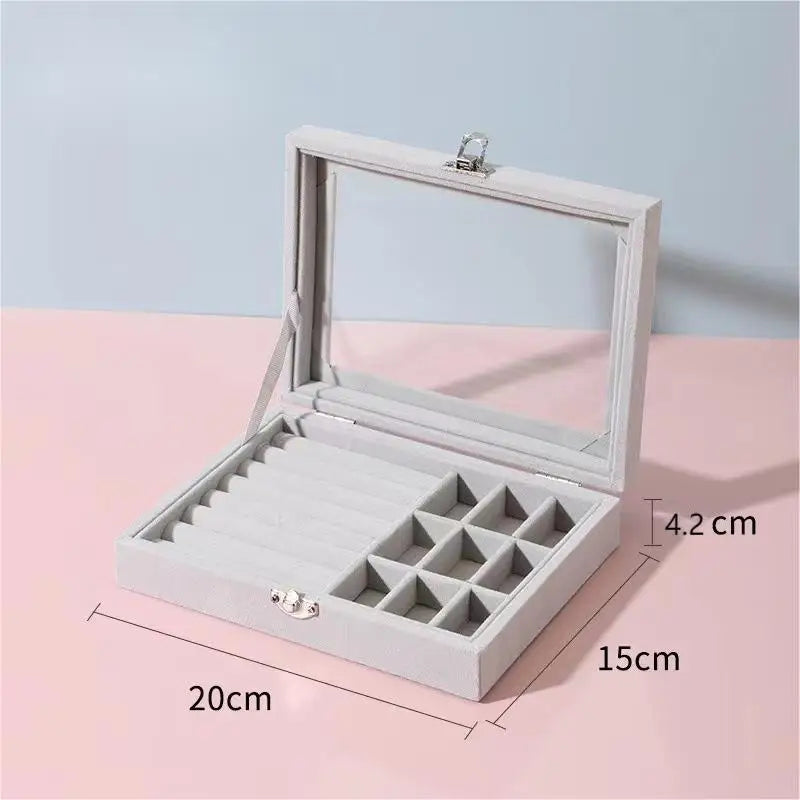 boîte bijoux velours gris clair moderne plaques velours rangement colliers bagues boucles d'oreilles cadenas