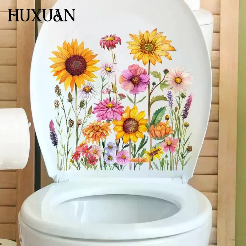 stickers decoratifs art floral fleurs tournesols dahlias feuillage multicolore moderne pvc opaque deco wc