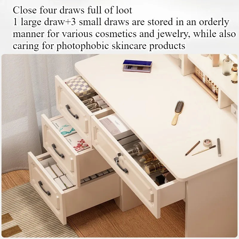 table maquillage moderne bois blanc tiroirs miroir étagère tabouret tapis poignées noires chambre minimaliste