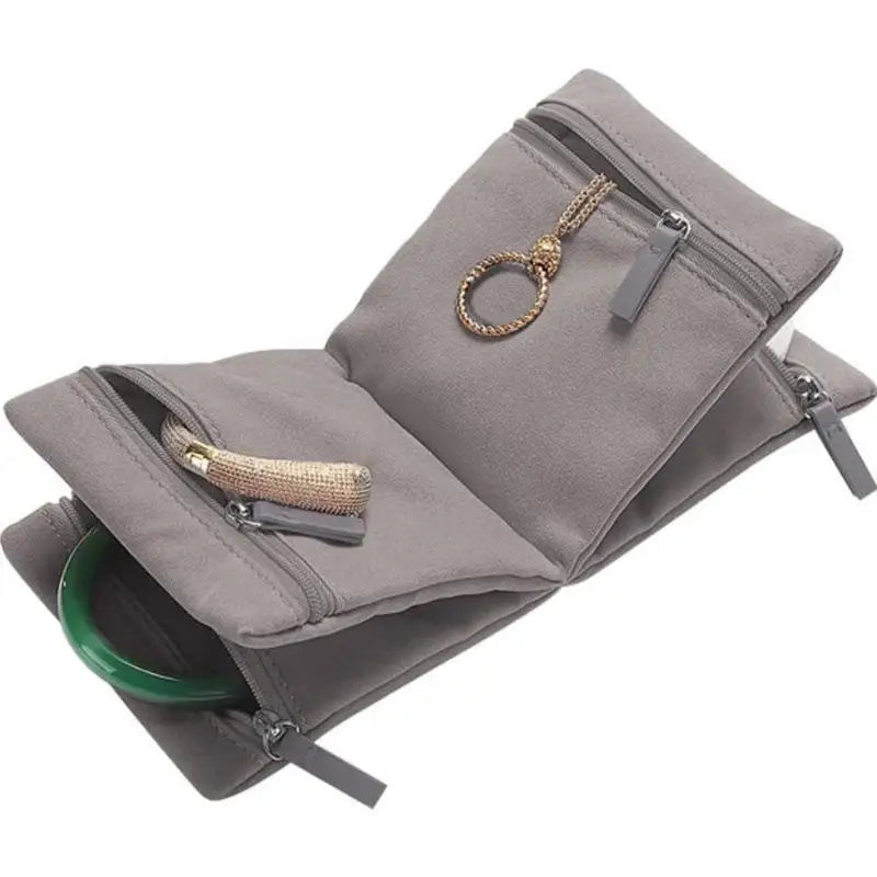 porte bijoux pliable sac velours beige uni moderne zip rangement bracelet collier porte monnaie