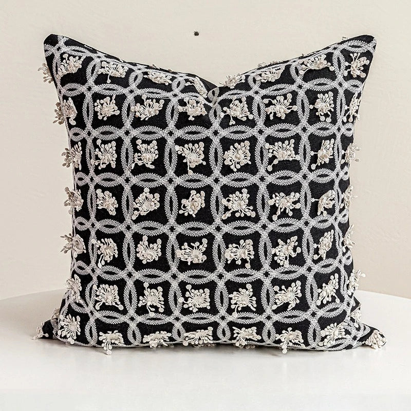coussin brodé géométrique moderne beige noir amovible lavable