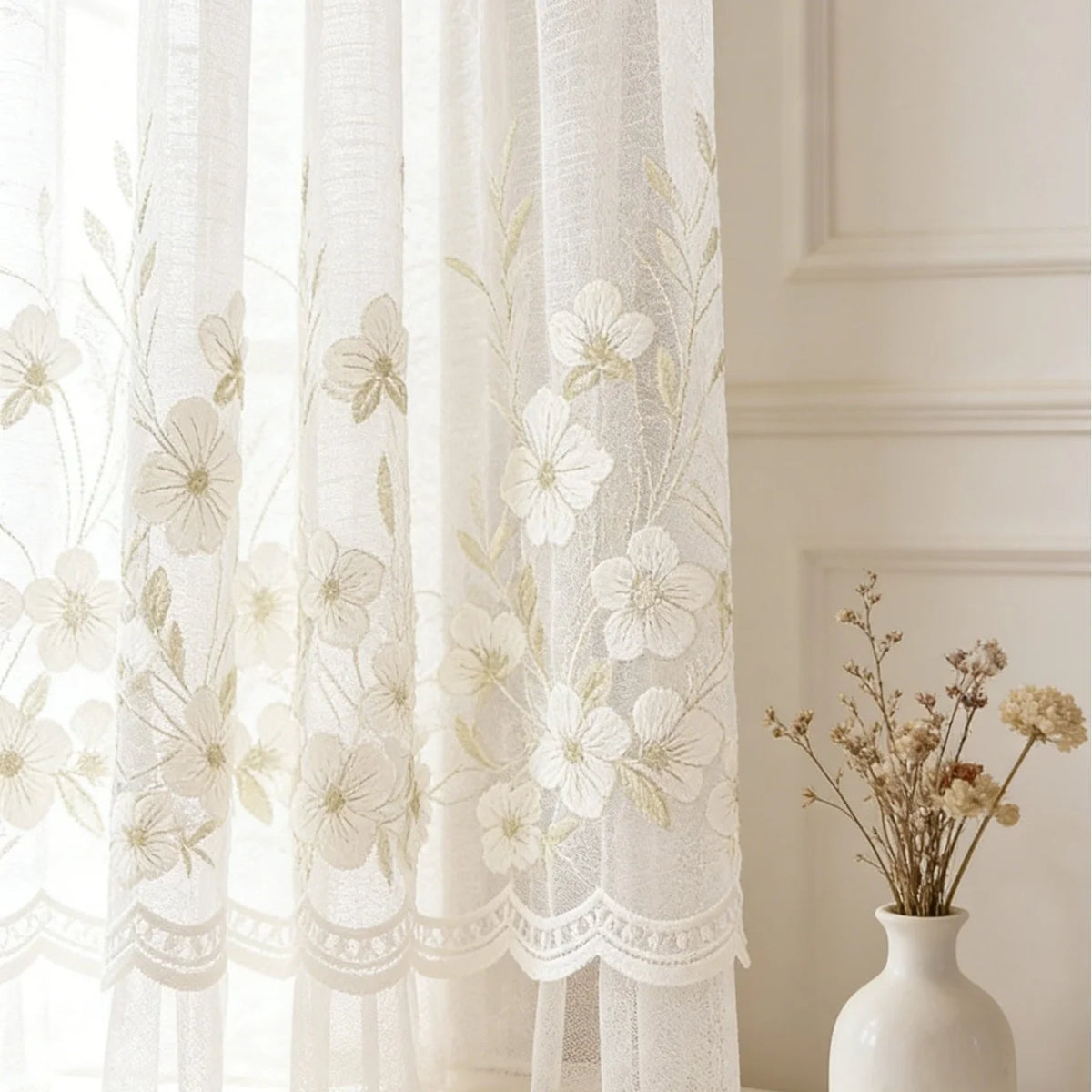 rideau blanc fleurs brodées dentelé transparent classique romantique fenêtre cuisine bibliothèque sans perçage