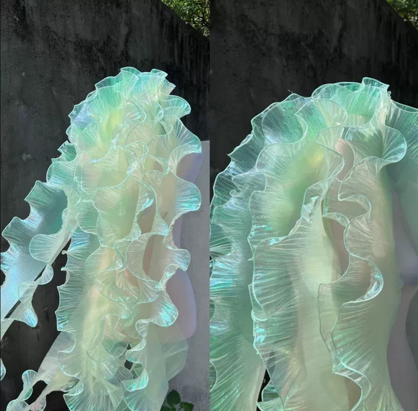 tissu voile semi transparent rose pâle vert iridescent moderne élégant rayures fines dentelle polyester
