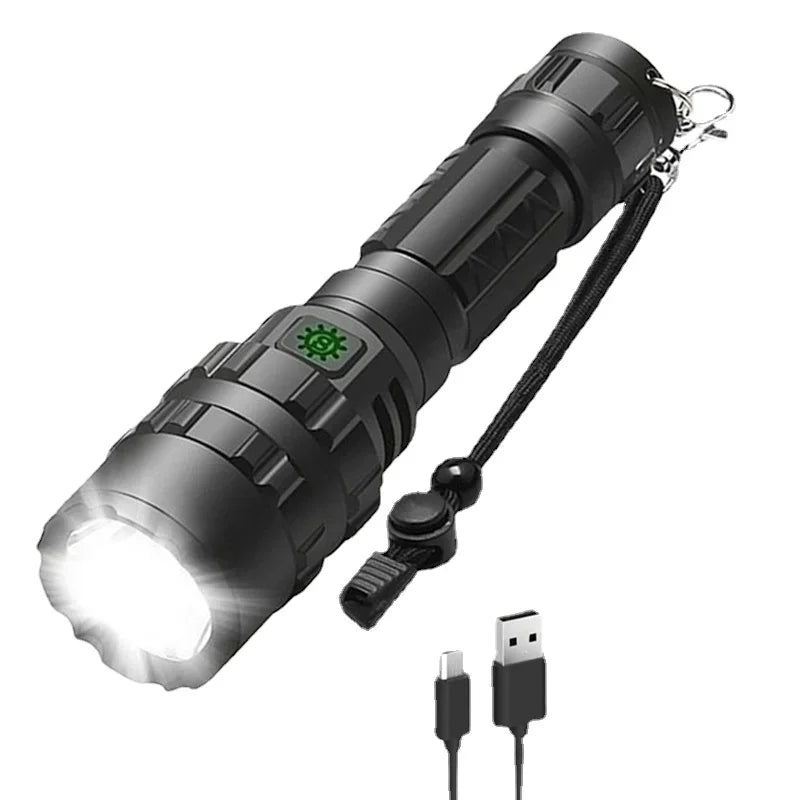 lampe torche rechargeable led intense noire aluminium outdoor autodéfense camping 30w usb