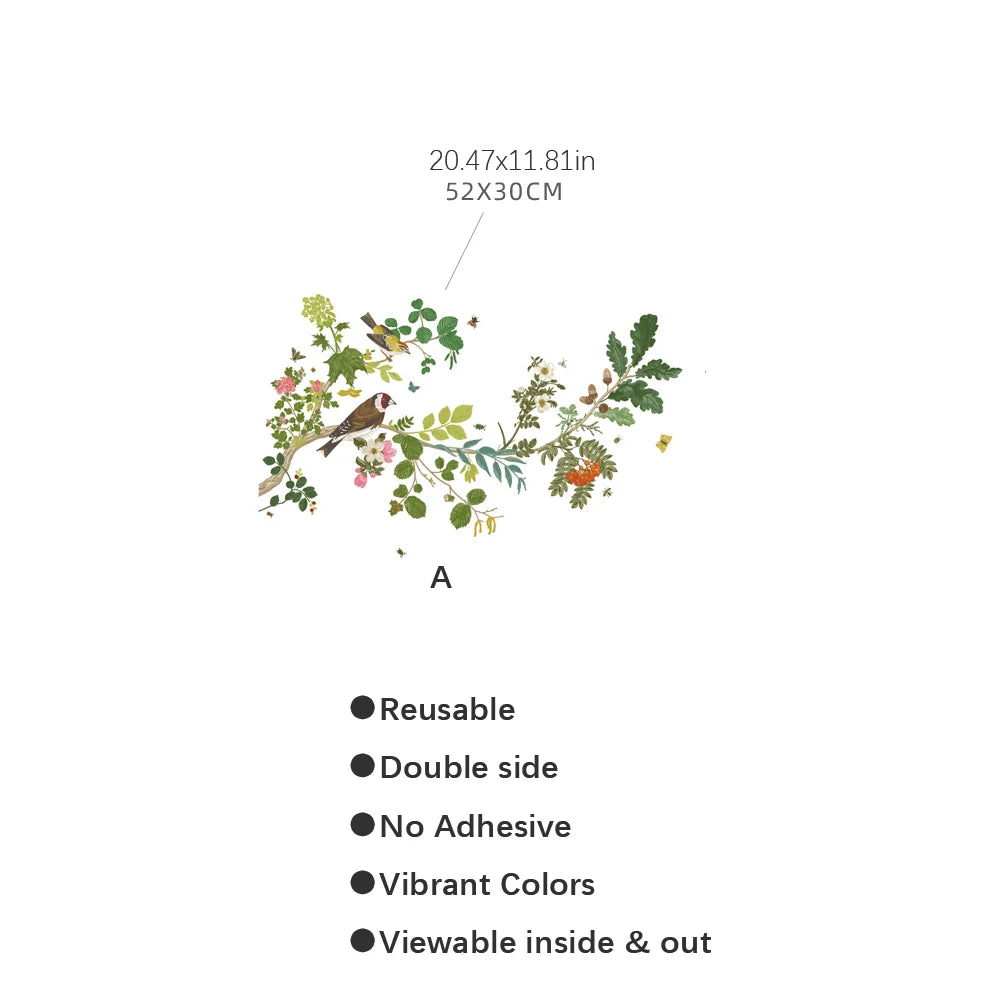 décoration fenêtre sticker floral oiseaux branches feuilles transparente naturelle 52x30cm 23.62x13.78in