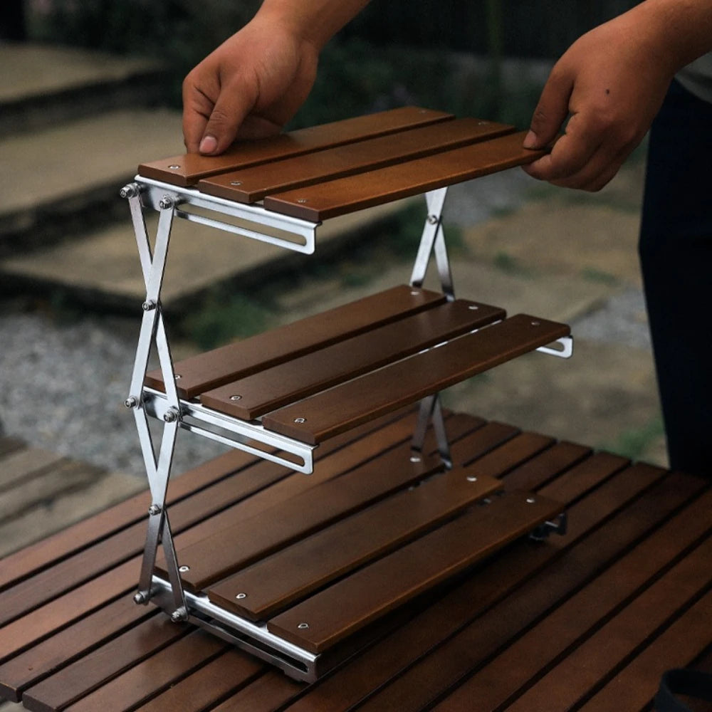étagère pliable bois brun clair moderne trois niveaux clips fixation multifonctionnelle campingintérieur
