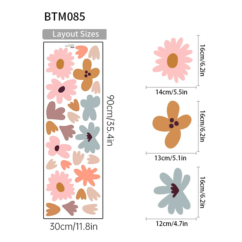 sticker mural géométrique fleurs simple moderne enfants bleu vert orange rose jaune gris blanc
