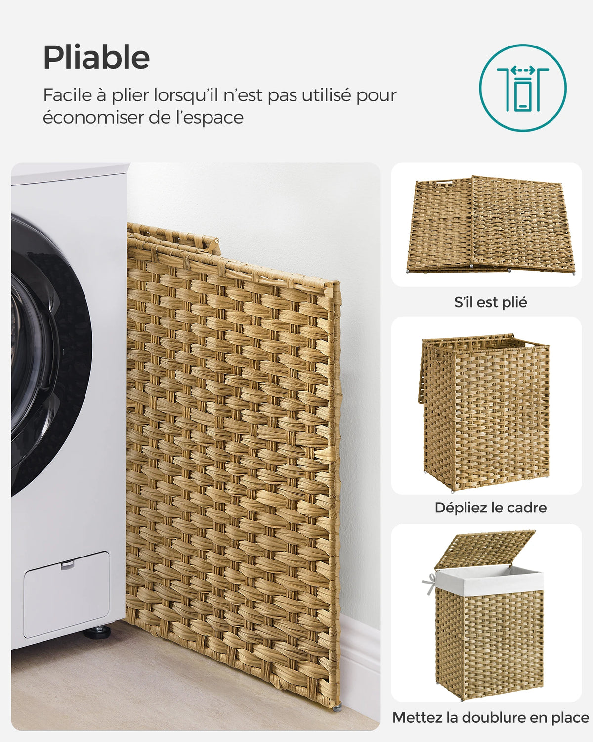 Corbeille linge sale noire 90L avec poignées