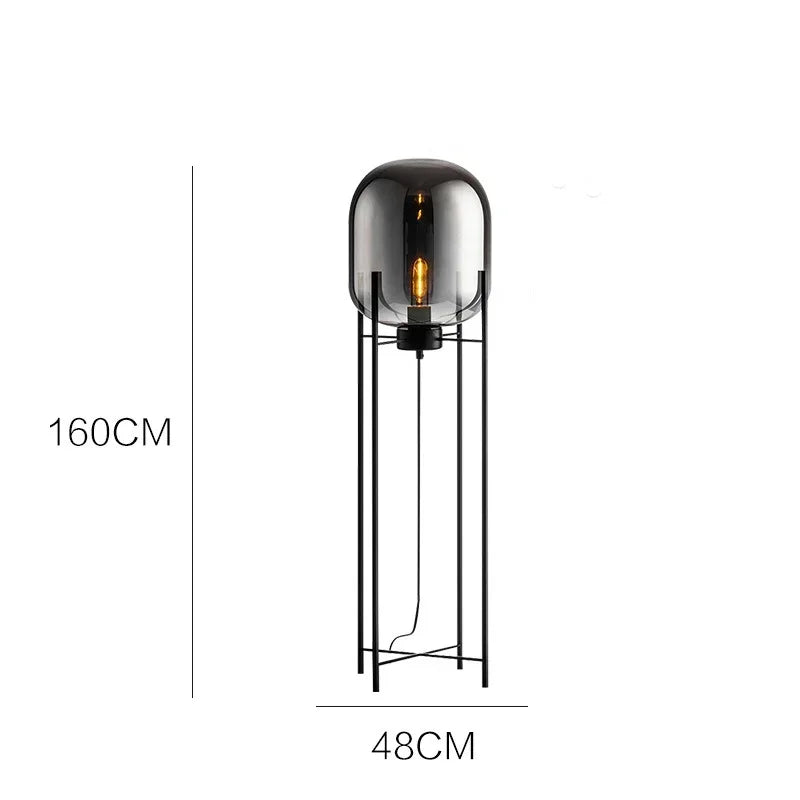 lampe sol moderne transparente ampoule filament noir gris fumé led verre minimaliste