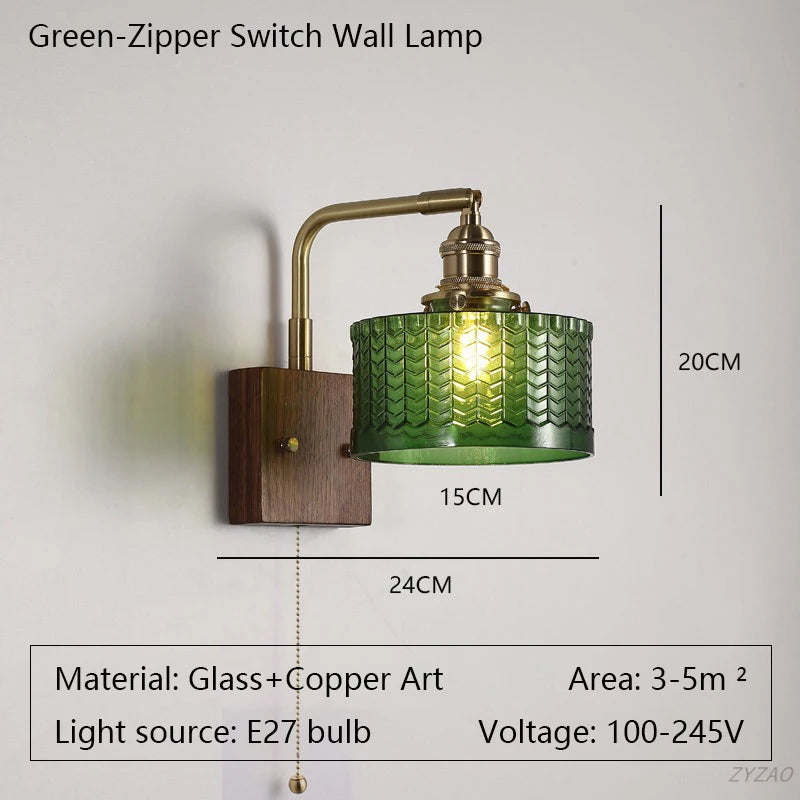 lampe murale rétro verre vert motif géométrique abat jour verre bras cuivre fixation éclairage